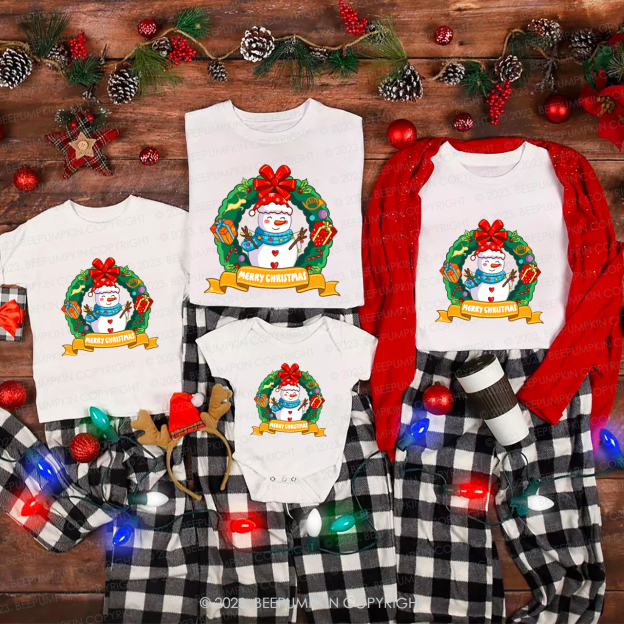 Snowman in Christmas Wreath Matching Tees For Family Beepumpkin