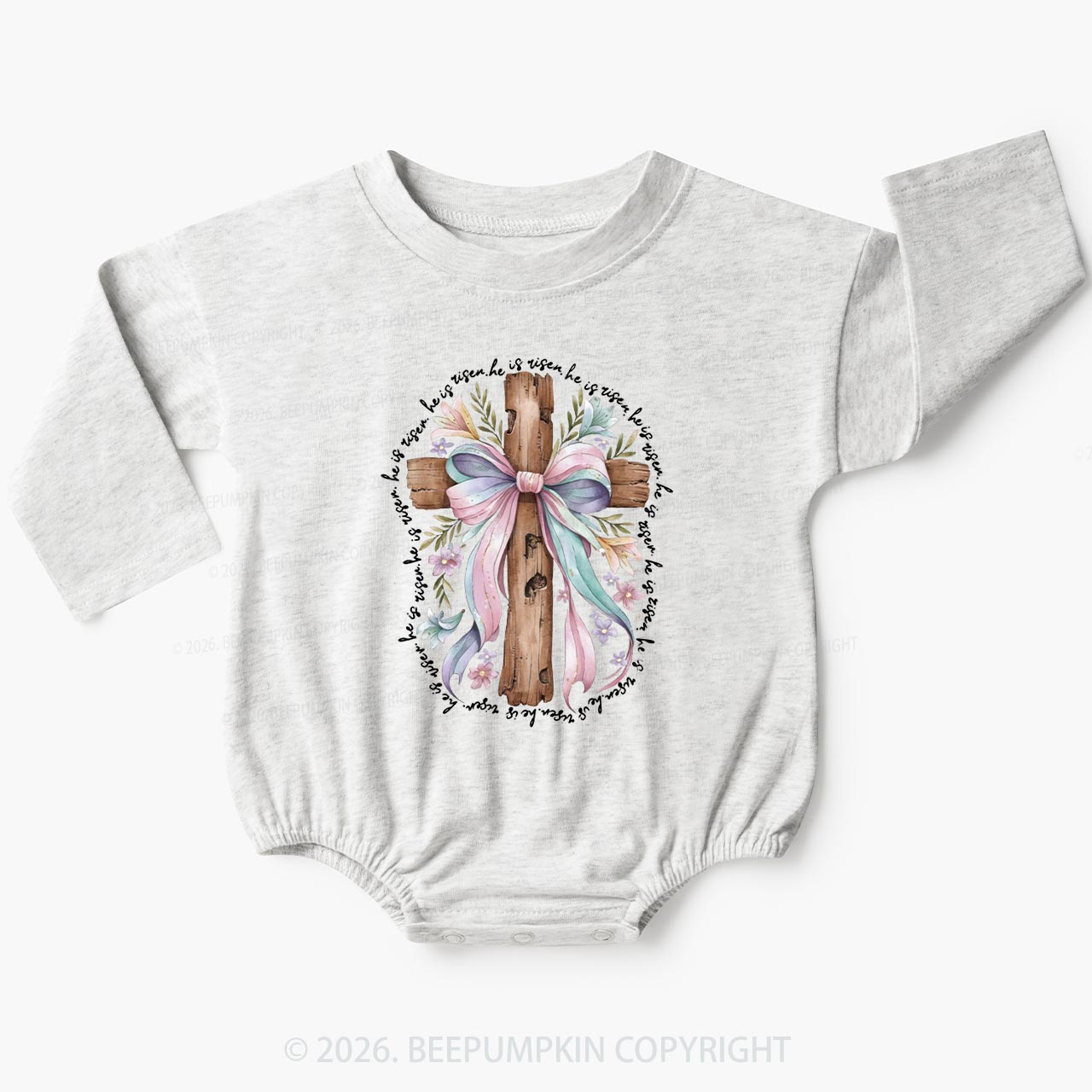 He Is Risen Soft Pastel Cross Baby Bubble Romper