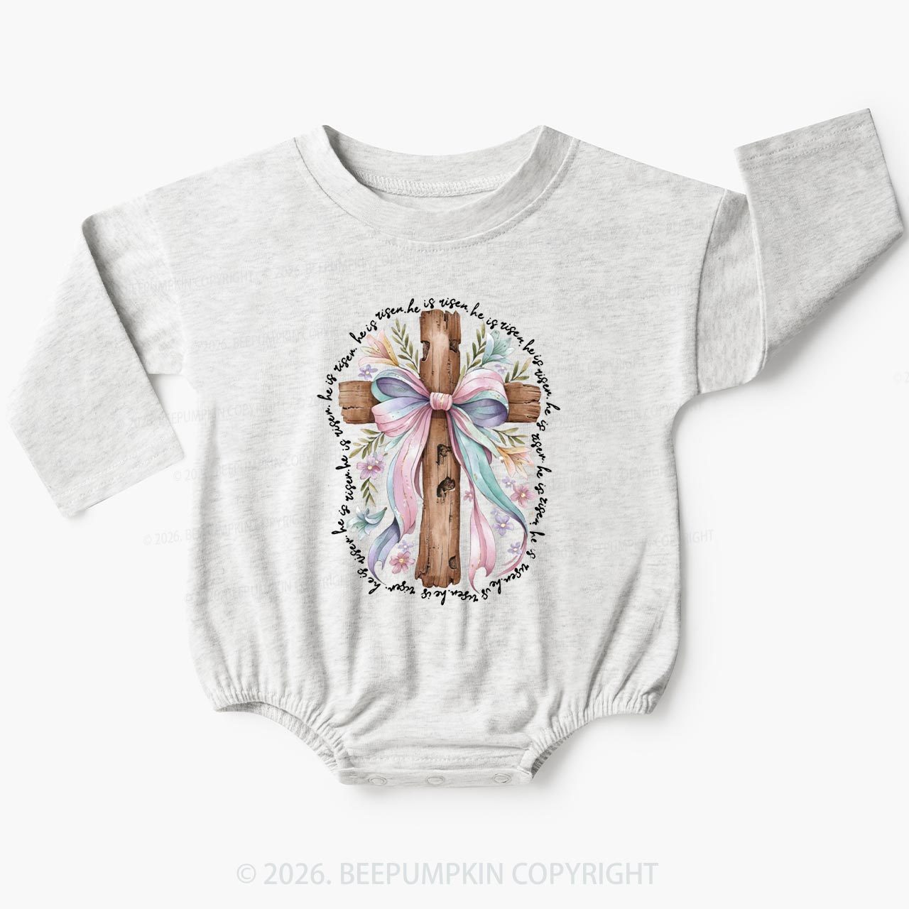 He Is Risen Soft Pastel Cross Baby Bubble Romper