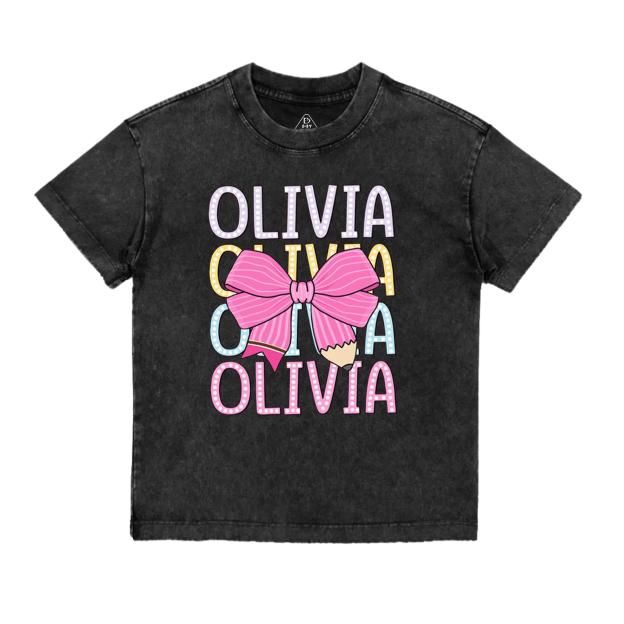 Personalized  Pink Bow Toddler&Kids Washed Tees
