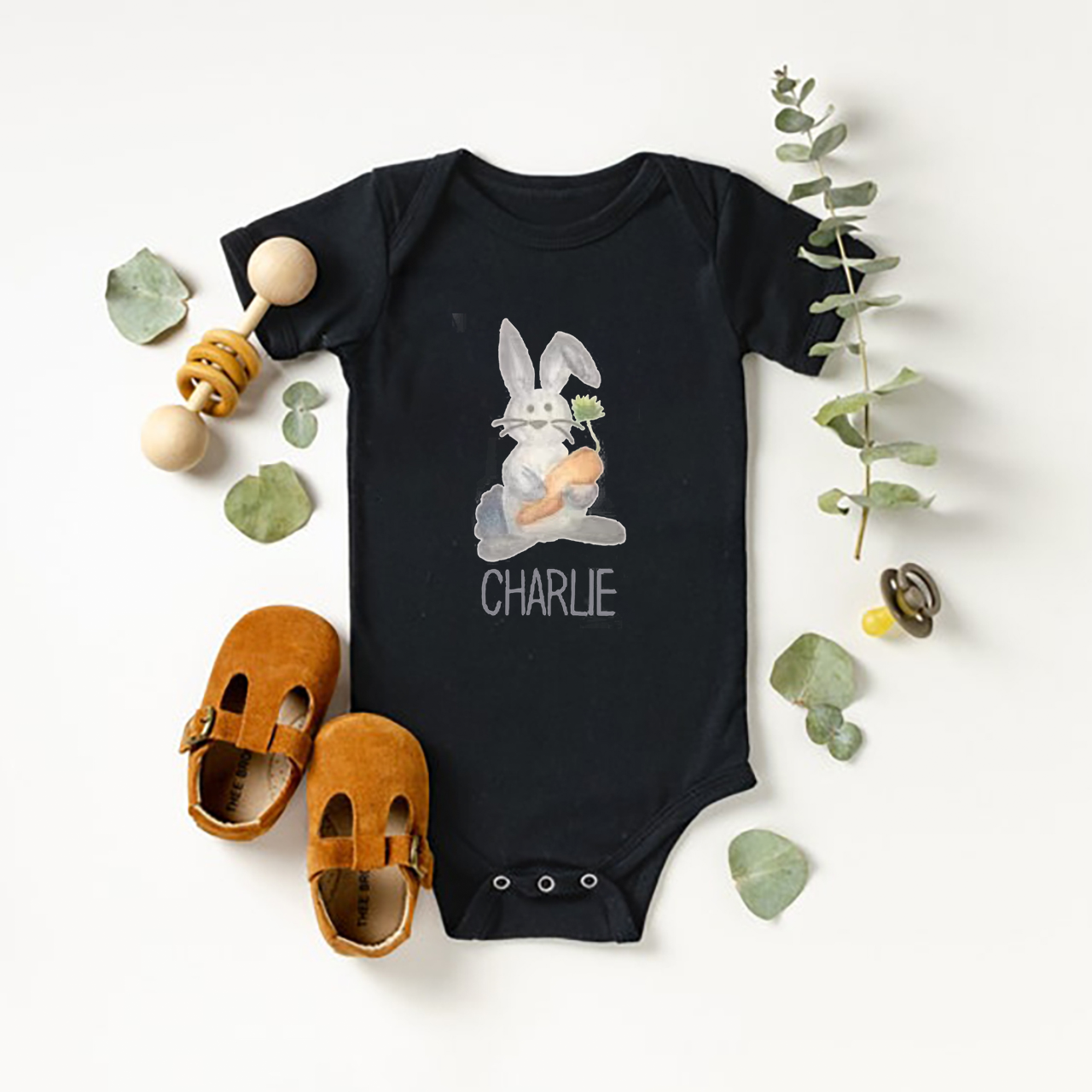 Personalized Watercolor Bunny Easter Baby Bodysuit