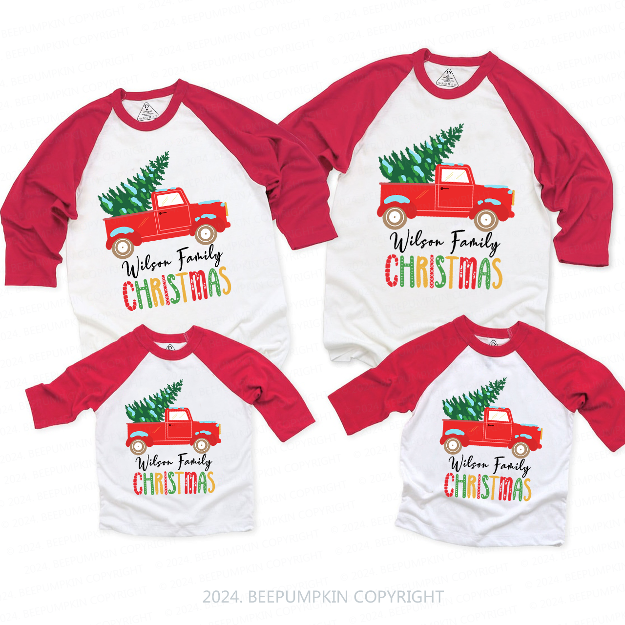 Personalized  Red Truck And Christmas Tree Family Matching Raglan Sleeves T-Shirts Beepumpkin 