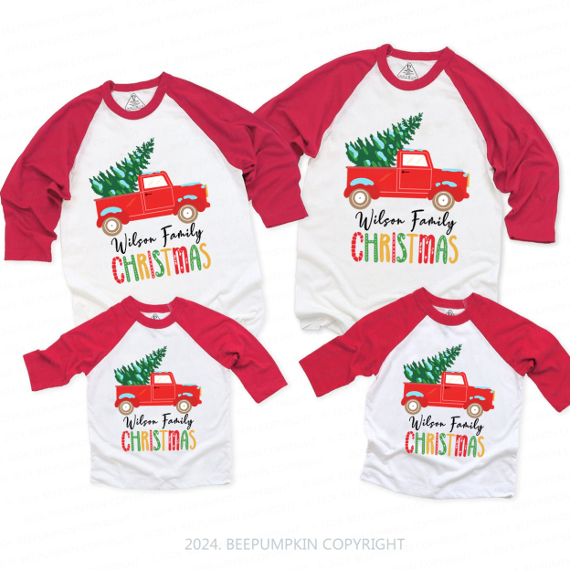 Personalized  Red Truck And Christmas Tree Family Matching Raglan Sleeves T-Shirts Beepumpkin 