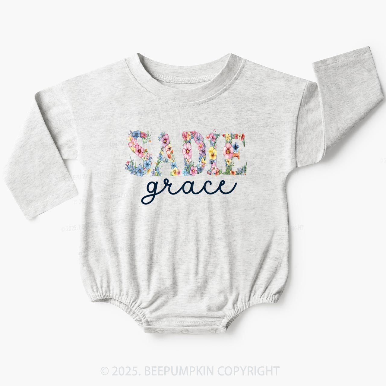 Personalized Floral Name Baby Bubble Romper Beepumpkin