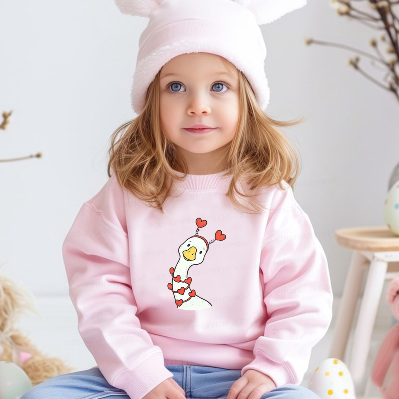 Pink Bow Preppy Goose Valentine Kid's Sweatshirt