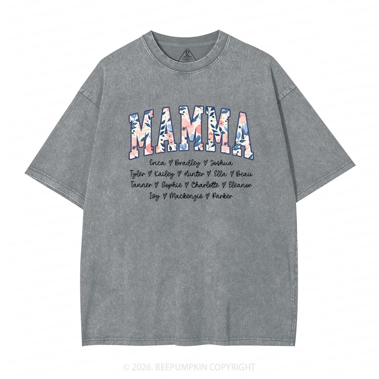 Personalized Floral with Names Mother's Day Adult Washed T-Shirts