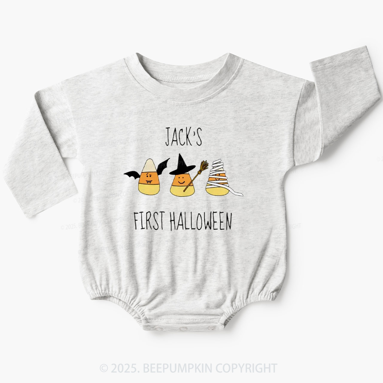 Personalized First Halloween Candy Corn Baby Bubble Romper Beepumpkin