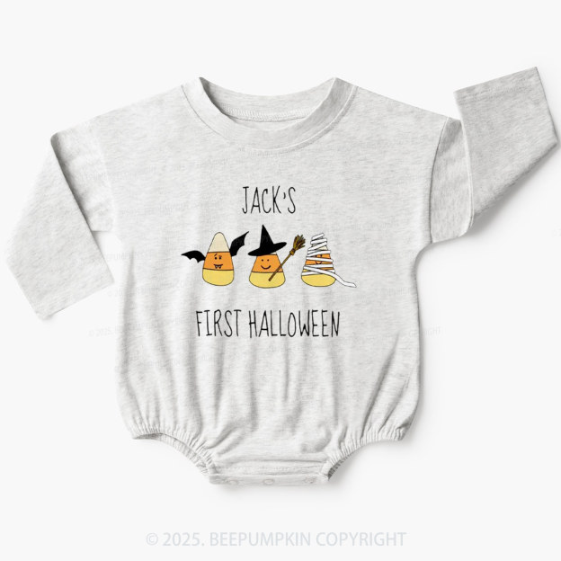 Personalized First Halloween Candy Corn Baby Bubble Romper Beepumpkin