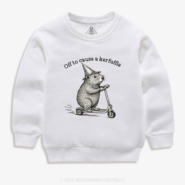 Off To Cause A Kerfuffle Groundhog Scooter Kid's Sweatshirt