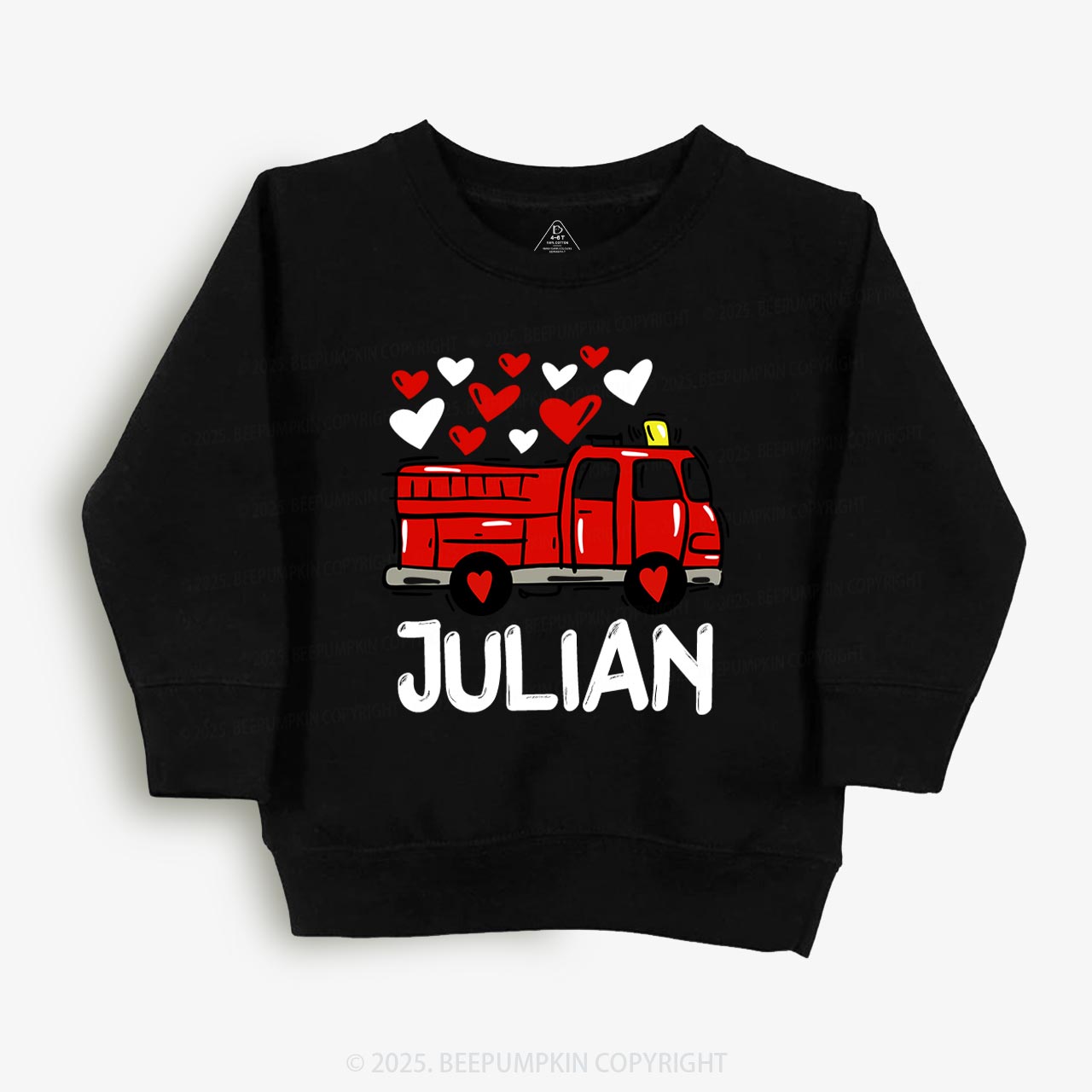 Personalized Name Fire Truck Valentine's Day Kid's Sweatshirt