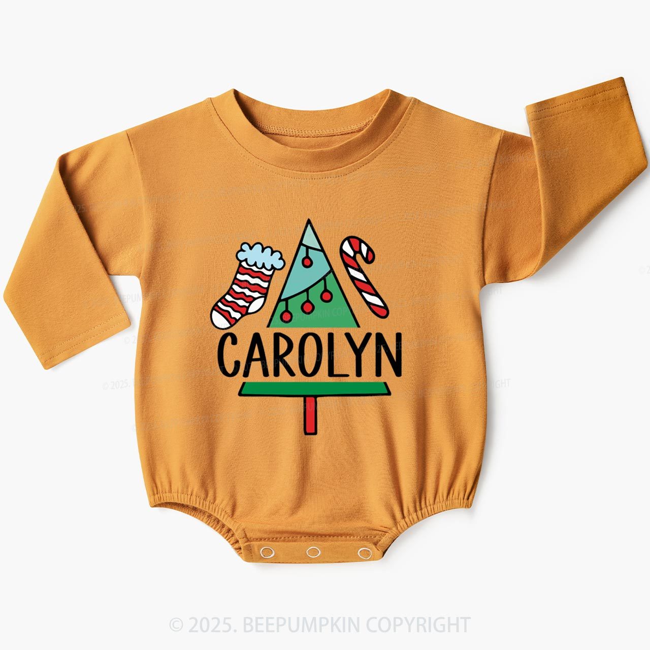 Personalized Hand Drawn Christmas Name Baby Bubble Romper Beepumpkin