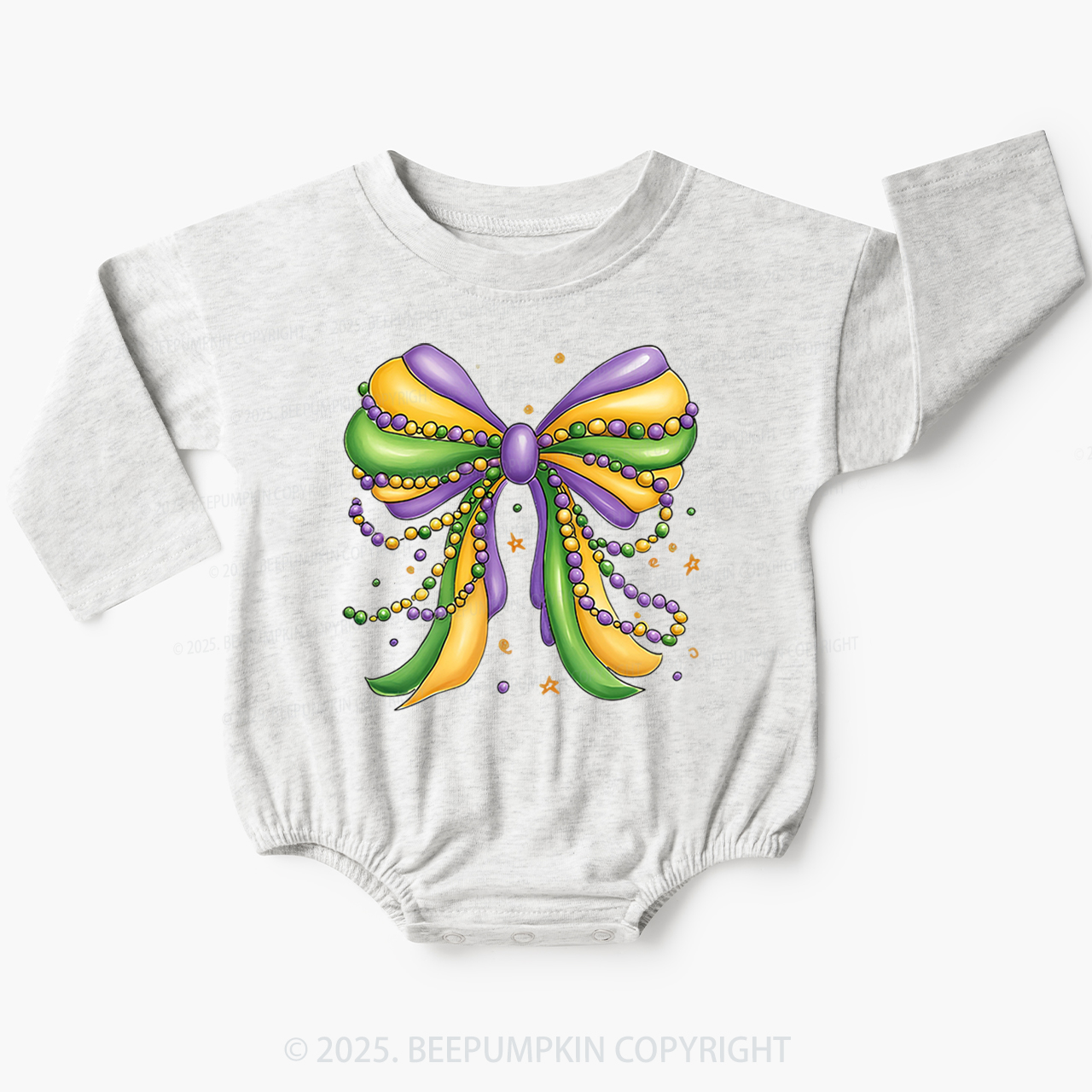 Mardi Gras Ribbon Bow Baby Bubble Romper Beepumpkin