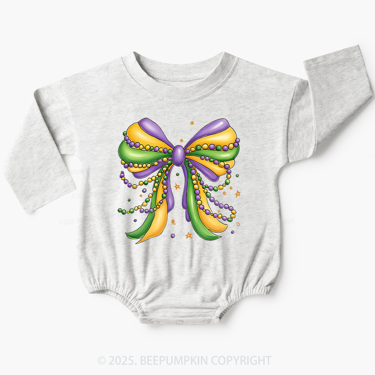 Mardi Gras Ribbon Bow Baby Bubble Romper Beepumpkin