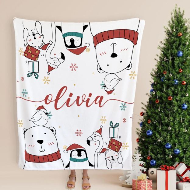 Personalized Bear and Penguin Christmas Blanket Beepumpkin