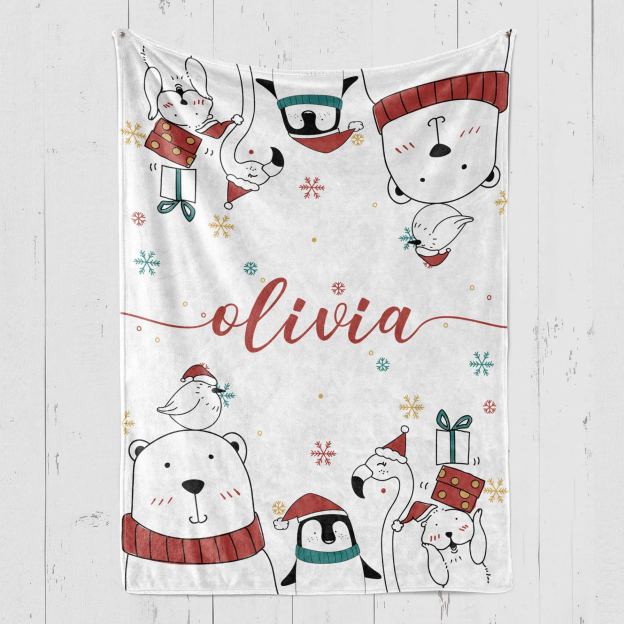 Personalized Bear and Penguin Christmas Blanket Beepumpkin