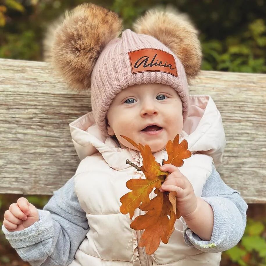 4 Colors Personalized Leather Patch Double PomPom Winter Hat