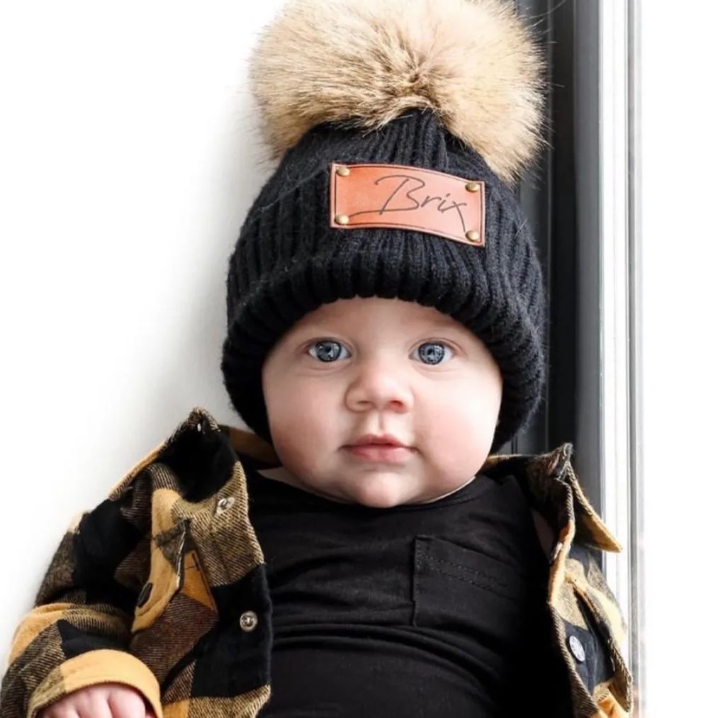 Personalized Knitted PomPom Hat(Vegan Leather Patch)