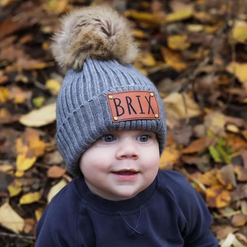 5 Colors Personalized Knitted PomPom Hat(Vegan Leather Patch)