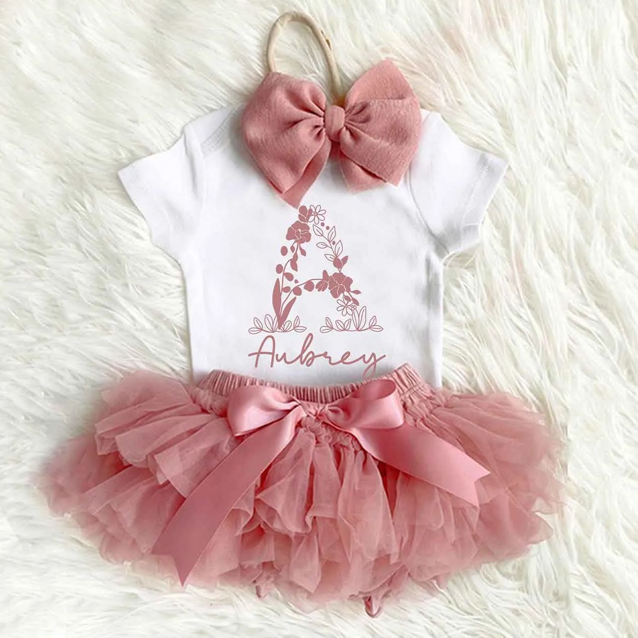 Personalized Flower Vine Name Tutu Baby Girl Oufit Set