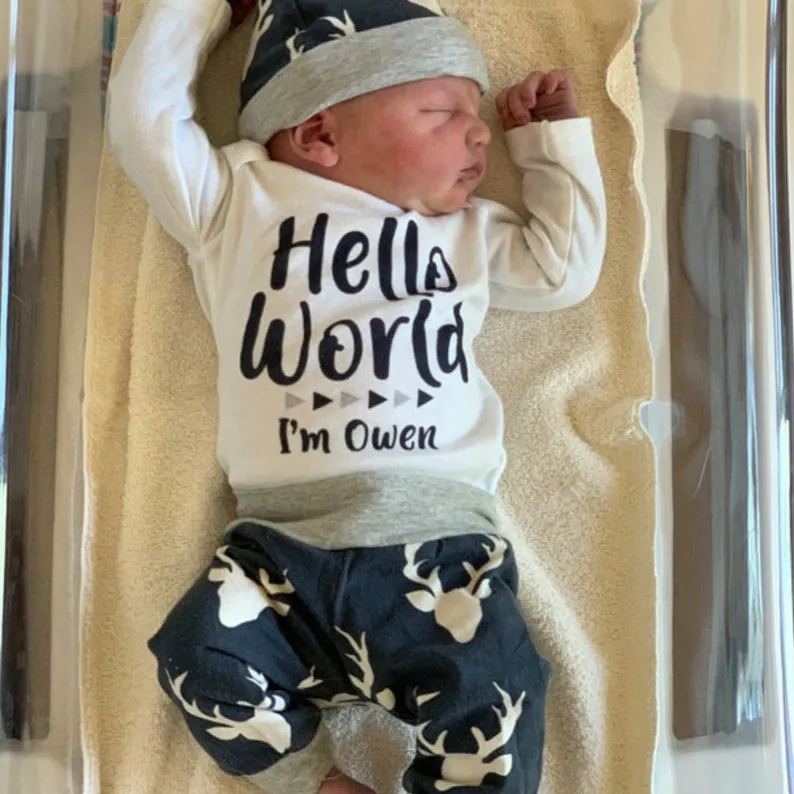 Hello World Personalized Name Coming Home Outfit Sets