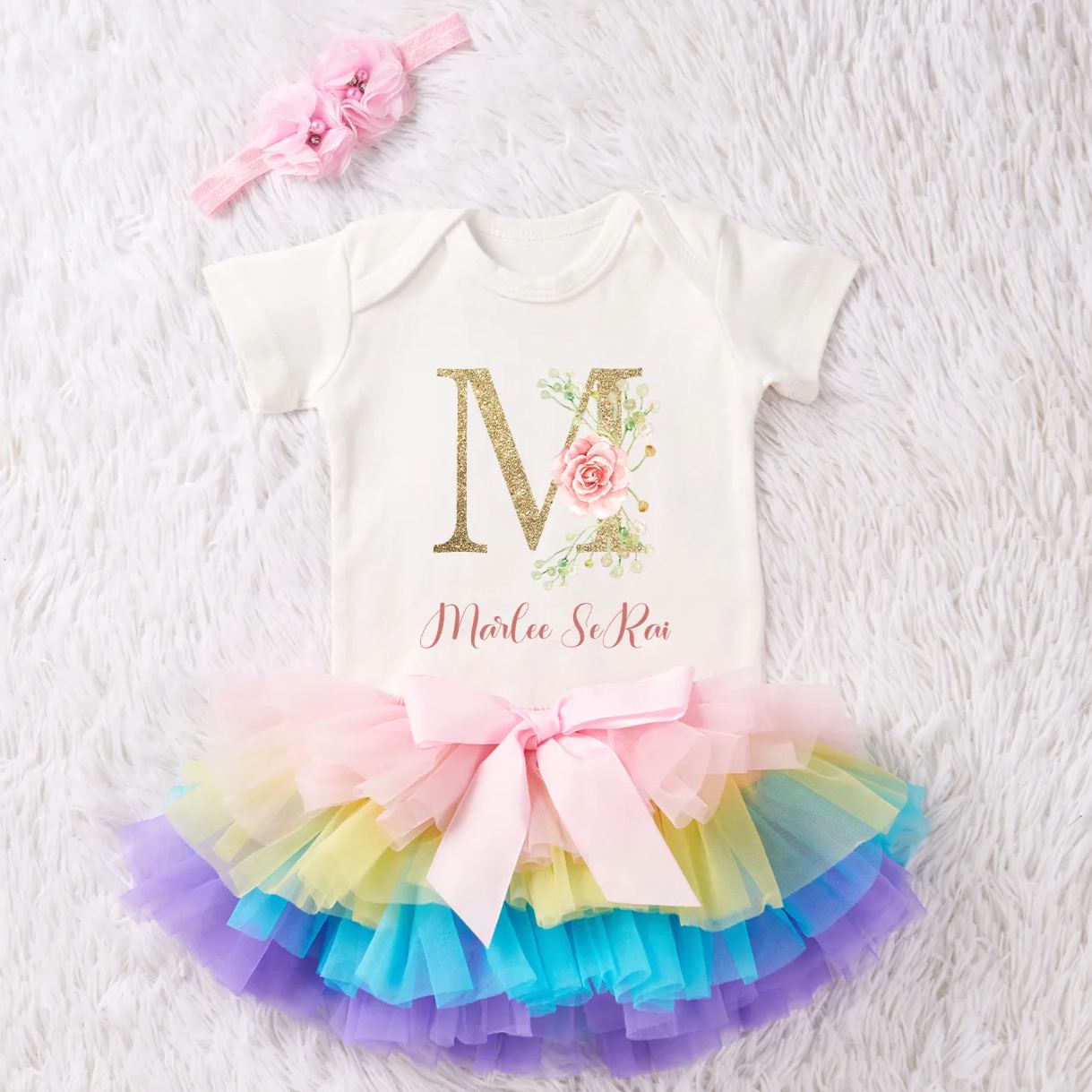 3 Pieces Personalized Floral Grace Baby Girl Tutu Outfit Set