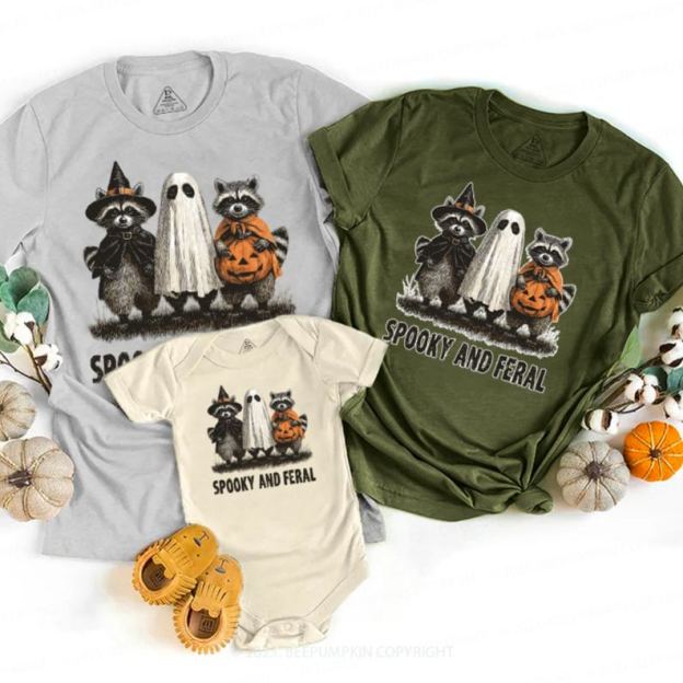 Spooky And Feral Raccoon Halloween Family Matching Shirts