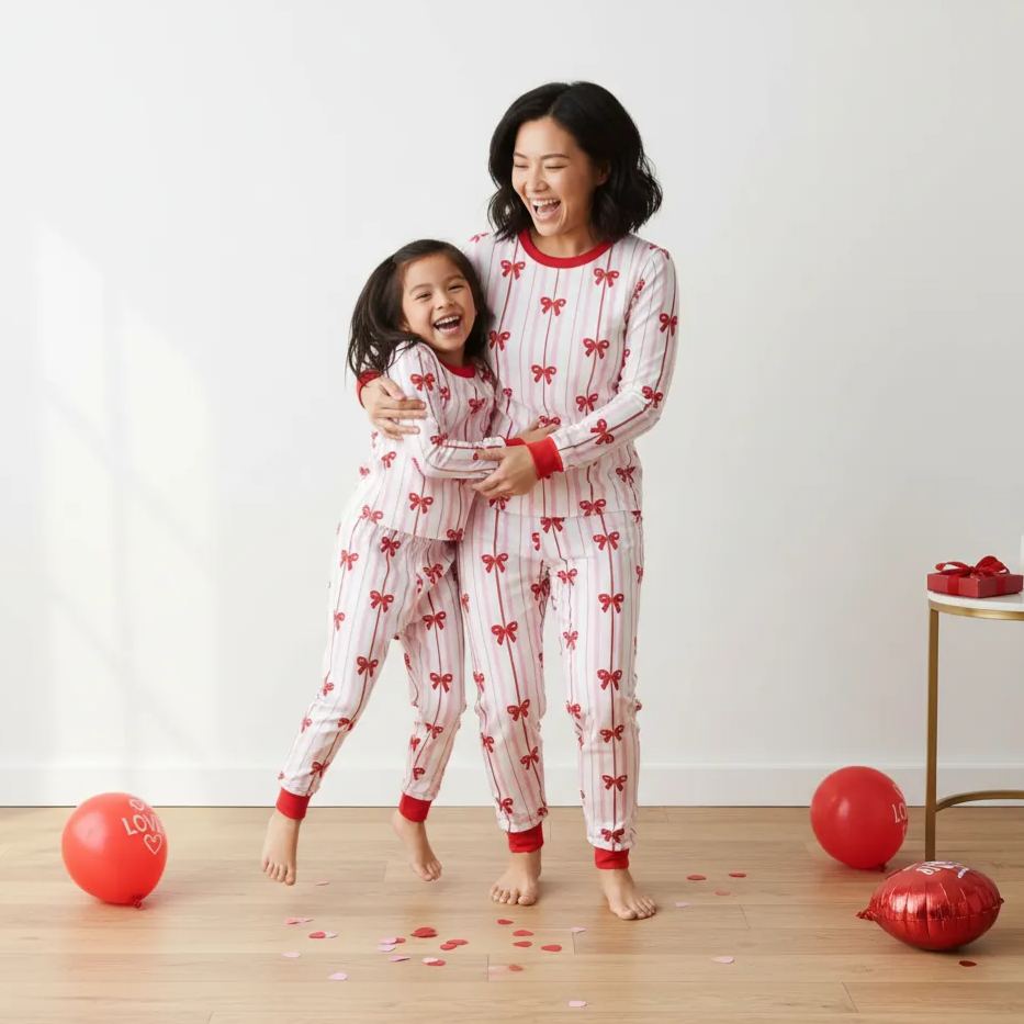 Pink Bow Charm All-Over Print Mom&Me Cuffed Pajama Sets