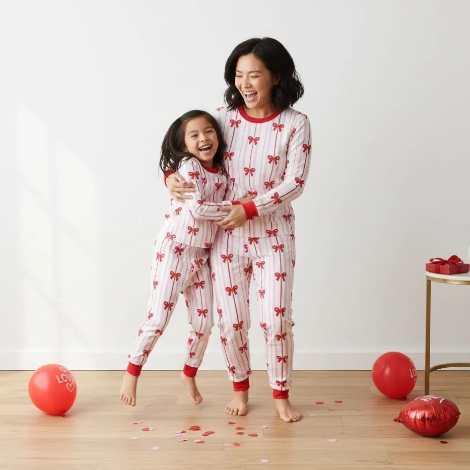 Pink Bow Charm All-Over Print Mom&Me Cuffed Pajama Sets