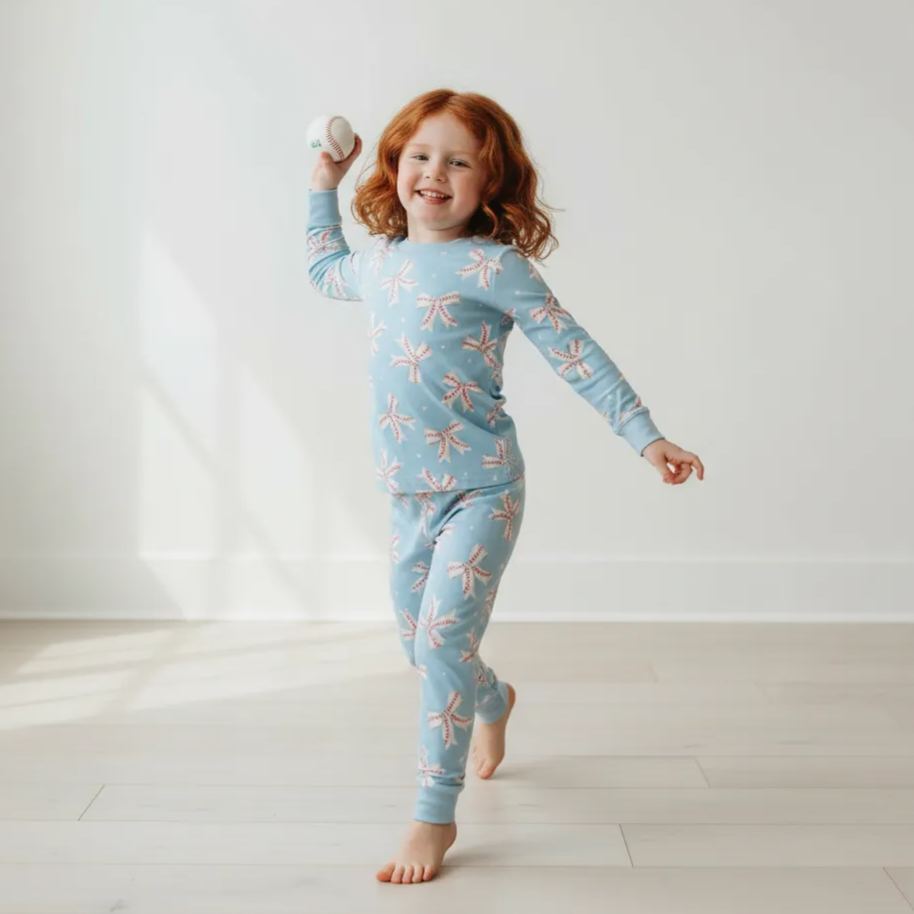 Baseball Bows Two-Piece Pajama Set For Kids