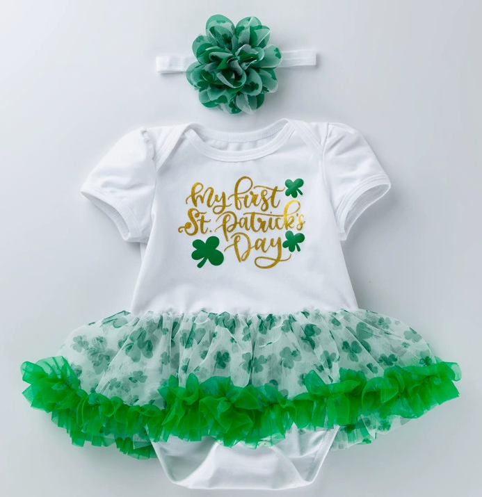 Alphabet Four Leaf Clover St.Patrick's Day Kid's Jumpsuit Headdress Set