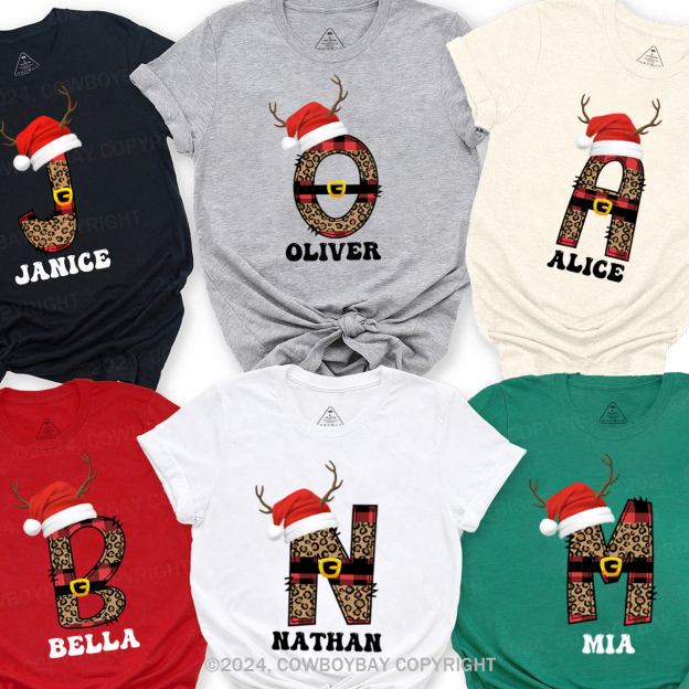 Personalized Monogrammed Plaid Letter With Santa Hat Christmas Family Matching T-Shirts Beepumpkin