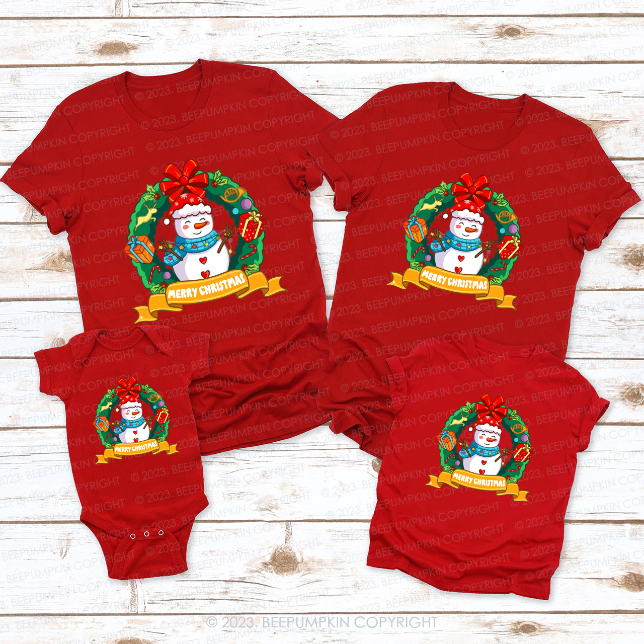 Snowman in Christmas Wreath Matching Tees For Family Beepumpkin