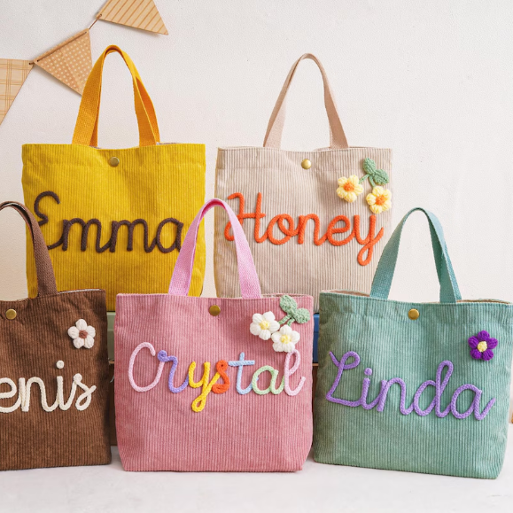 Personalized Yarn Embroidered Name Children's Tote Handbag