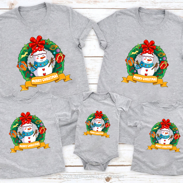 Snowman in Christmas Wreath Matching Tees For Family Beepumpkin