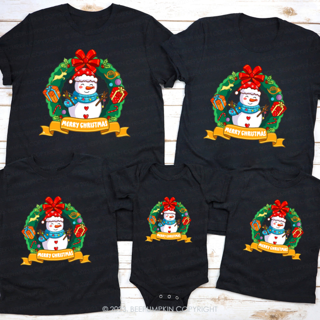Snowman in Christmas Wreath Matching Tees For Family Beepumpkin