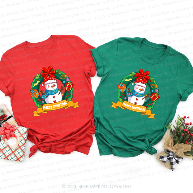 Snowman in Christmas Wreath Matching Tees For Family Beepumpkin