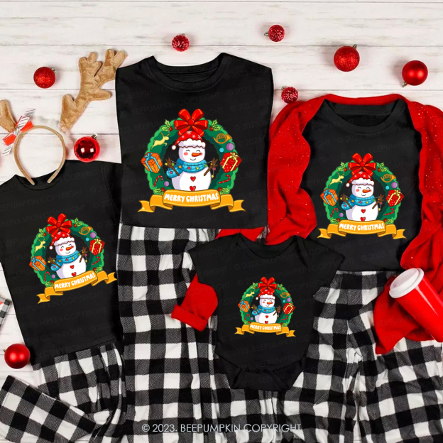 Snowman in Christmas Wreath Matching Tees For Family Beepumpkin