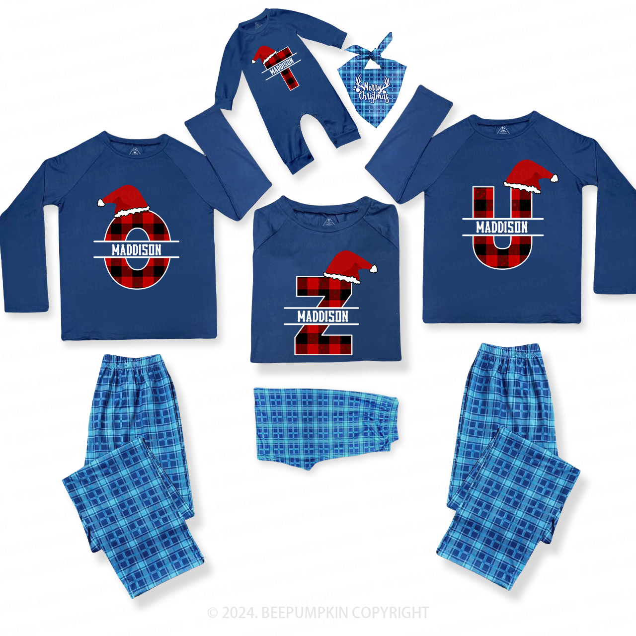 Personalized Capital Letters Christmas Family Matching Blue Pajamas Beepumpkin
