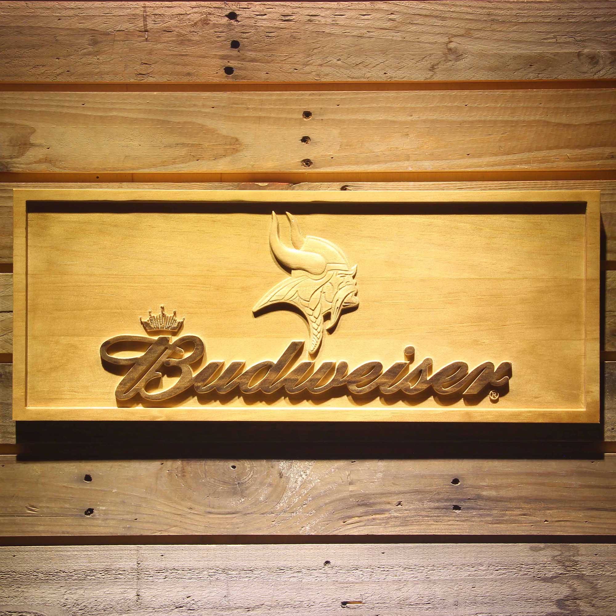 Minnesota Vikings Budweiser 3D Wooden Engrave Sign