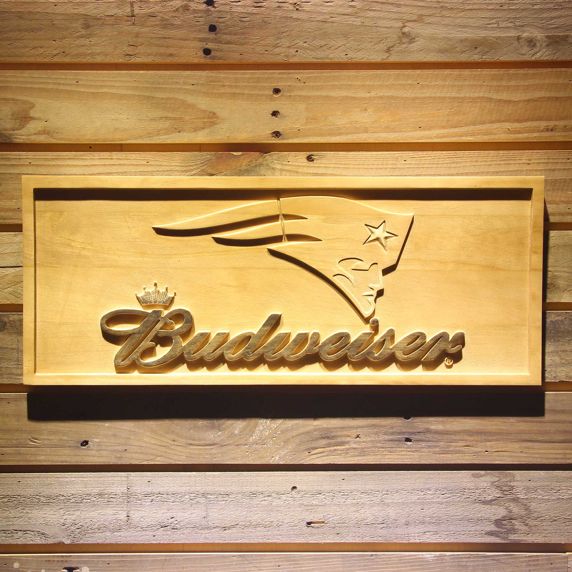 New England Patriots Budweiser 3D Wooden Engrave Sign
