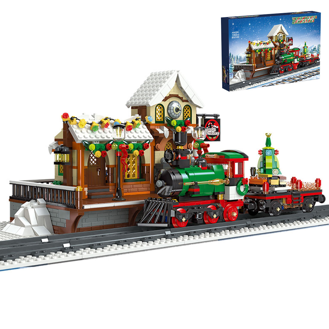 Christmas Winter Railway Station Model with Light Assembly Toy Small Particles Building Blocks Set (1362PCS)