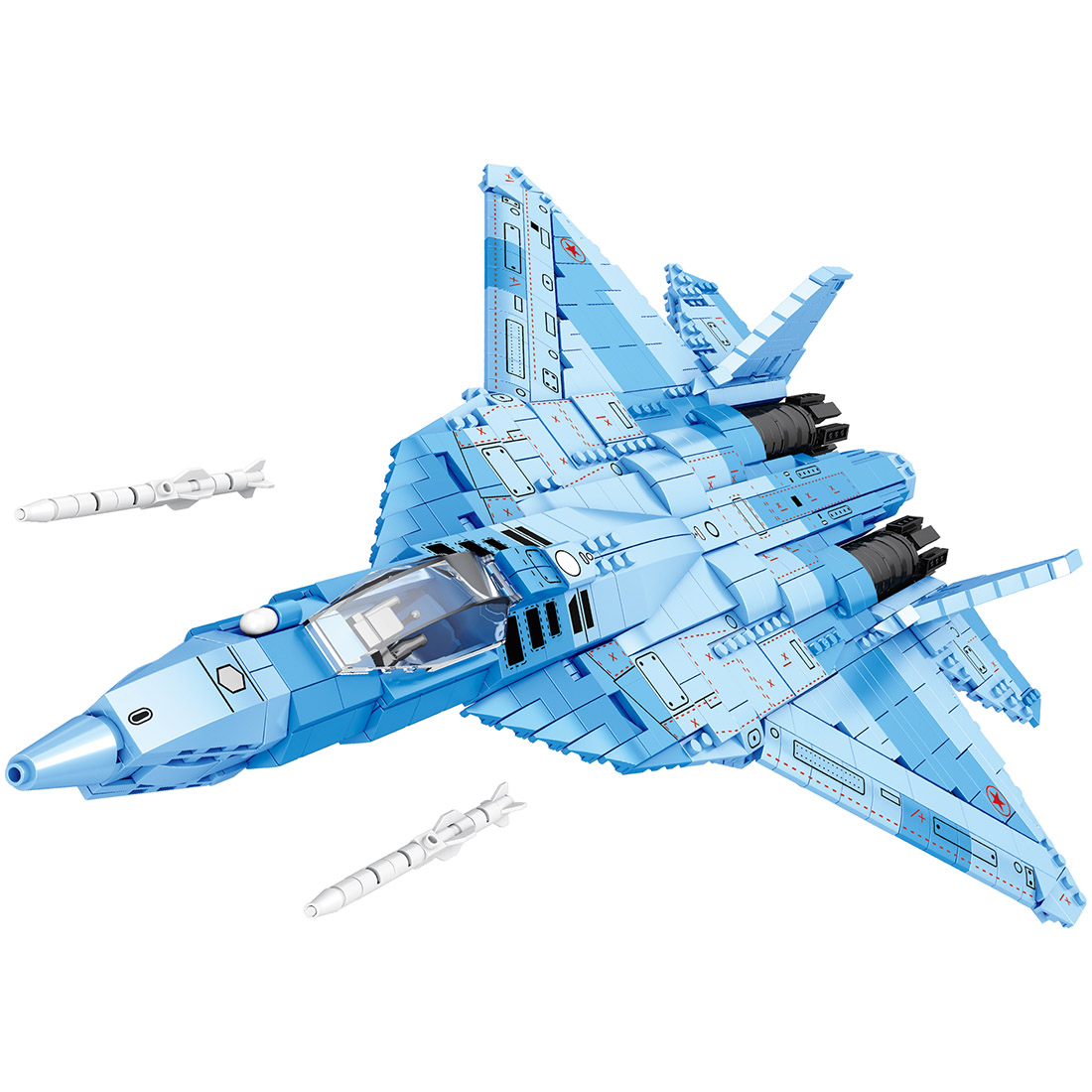 SU-57 Fighter Jet Model Military MOC Building Blocks Set (1456PCS/Light-blue)