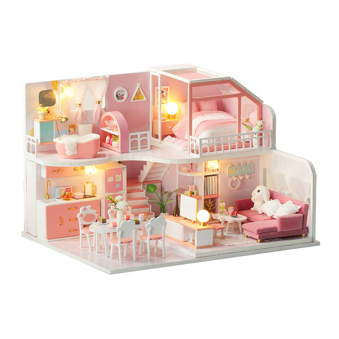 Cozy Bedroom 3D DIY Assembly Miniature Art Cottage Model Kit Creative Ornament Christmas Gift (Light Pink)