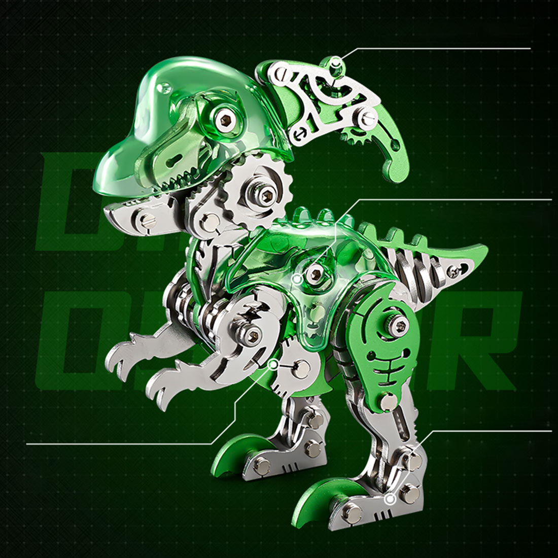 DIY Mechanical Parasaurolophus Q Version Metal Assembly Dinosaur Model (Kit Version/157PCS/Green)