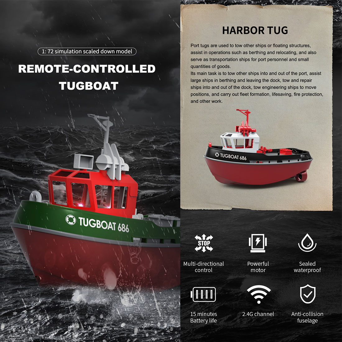 1/72 2.4Ghz RC Electric Tugboat Model (RTR Version/Yellow)