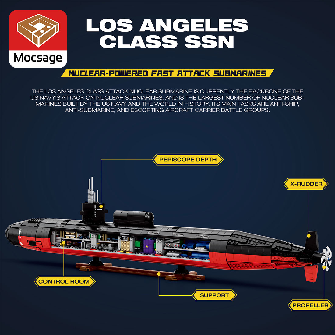 Mocsage 1/125 UCC Los Angeles-class Military Nuclear Submarine Model Building Blocks Set (2988PCS)
