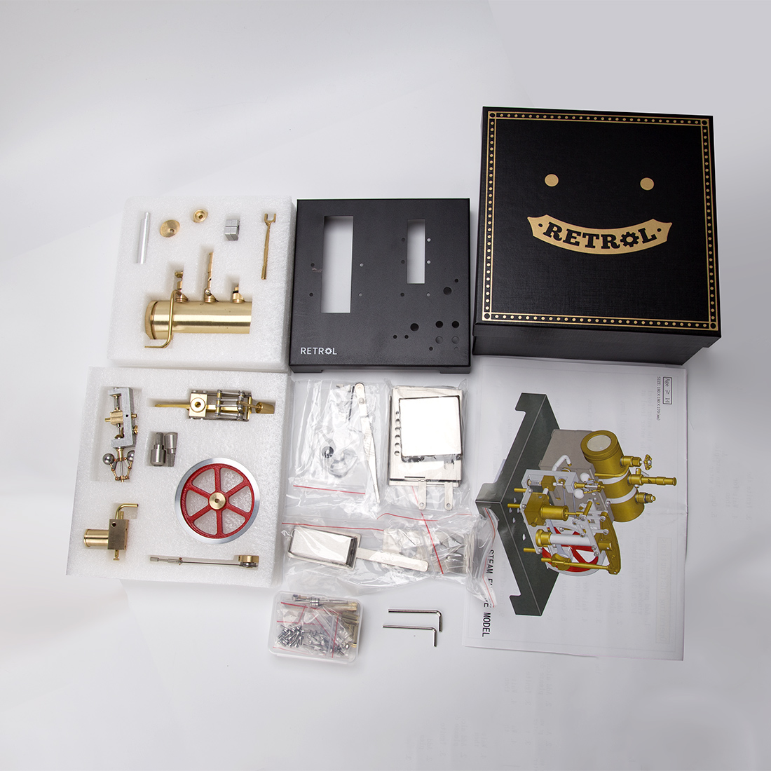 RETROL SE-01 Full Metal Stationary Beam Steam Engine Model and Horizontal Boiler Kit (84PCS)