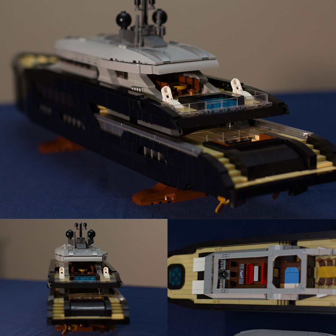 Sleek Black Luxury Superyacht Building Blocks Set, Detailed 1:80 Scale Model with Full Interior (2977 Pieces)