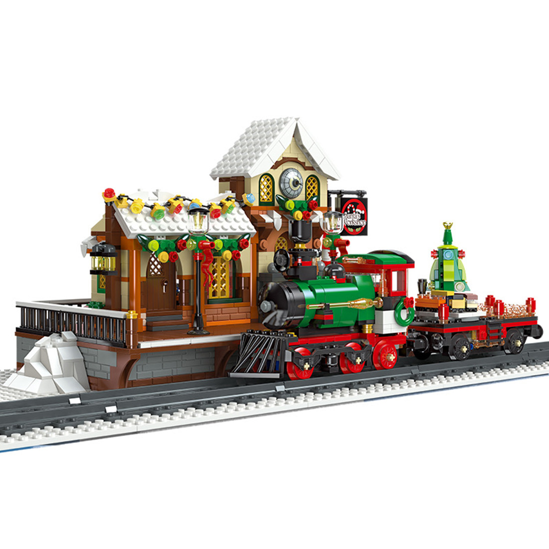 Christmas Winter Railway Station Model with Light Assembly Toy Small Particles Building Blocks Set (1362PCS)