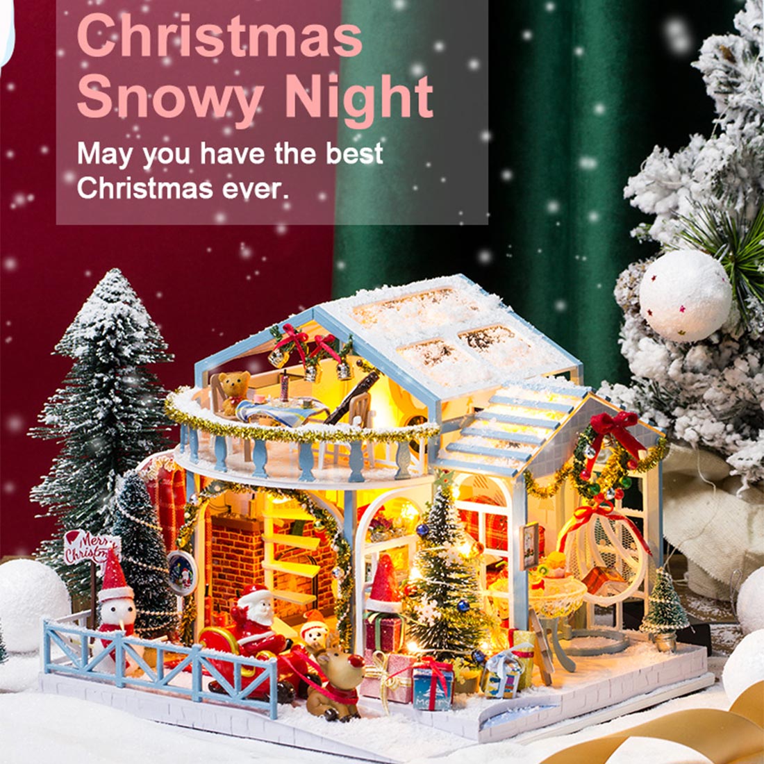 Snowy Christmas Night 3D DIY Assembly Miniature Art Cottage Model Kit Creative Ornament Christmas Gift